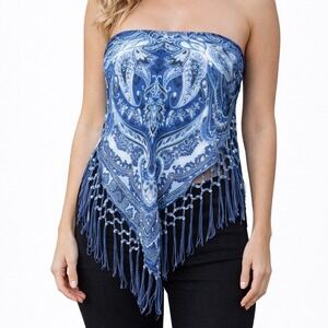 Blue Paisley Handkerchief Scarf Top Fringe Festival Rave Chic Boho